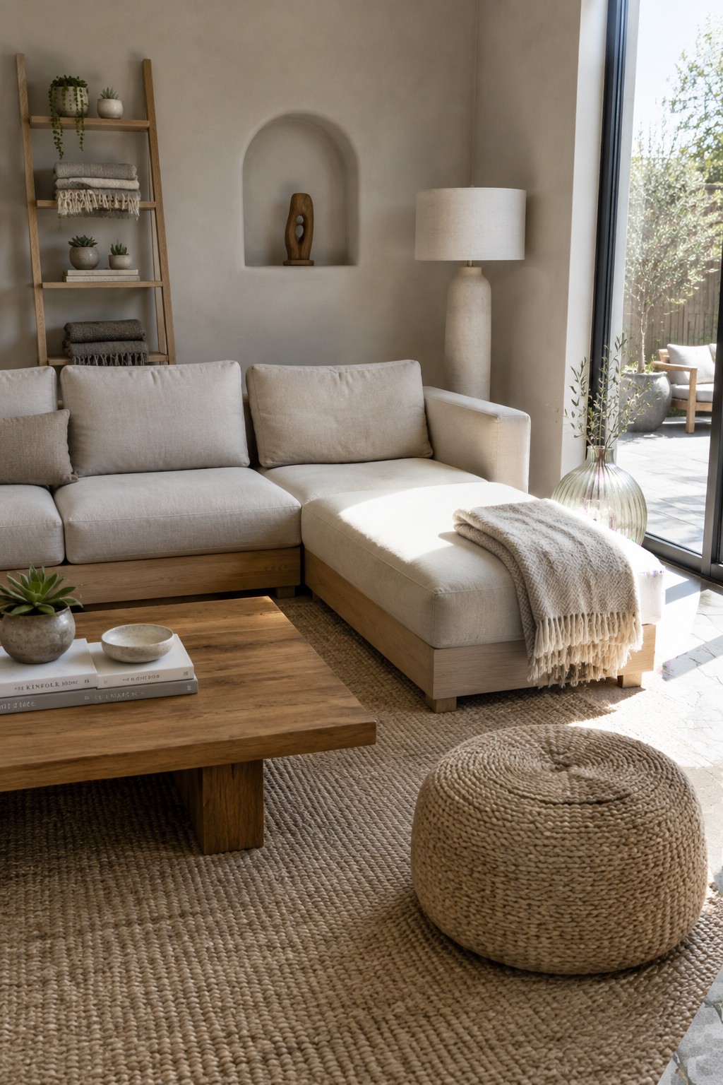 A light wood sectional sofa with beige cushions sits on a woven jute rug beside a wooden coffee table in a minimalist living room with a large window.