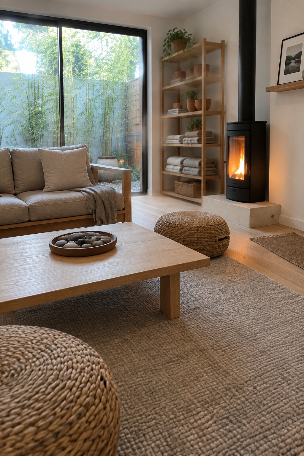 Cozy living room with beige sofa, wooden coffee table, lit black stove, woven rugs
