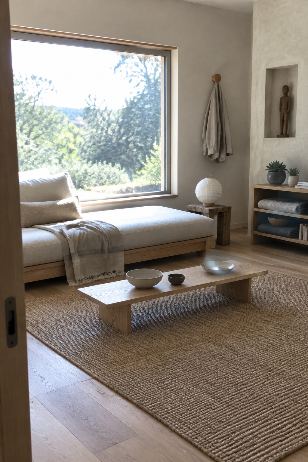 A bright interior room with a low wooden daybed dressed in linen, a low wooden table on a large woven jute rug, and a wooden console against a plain wall.