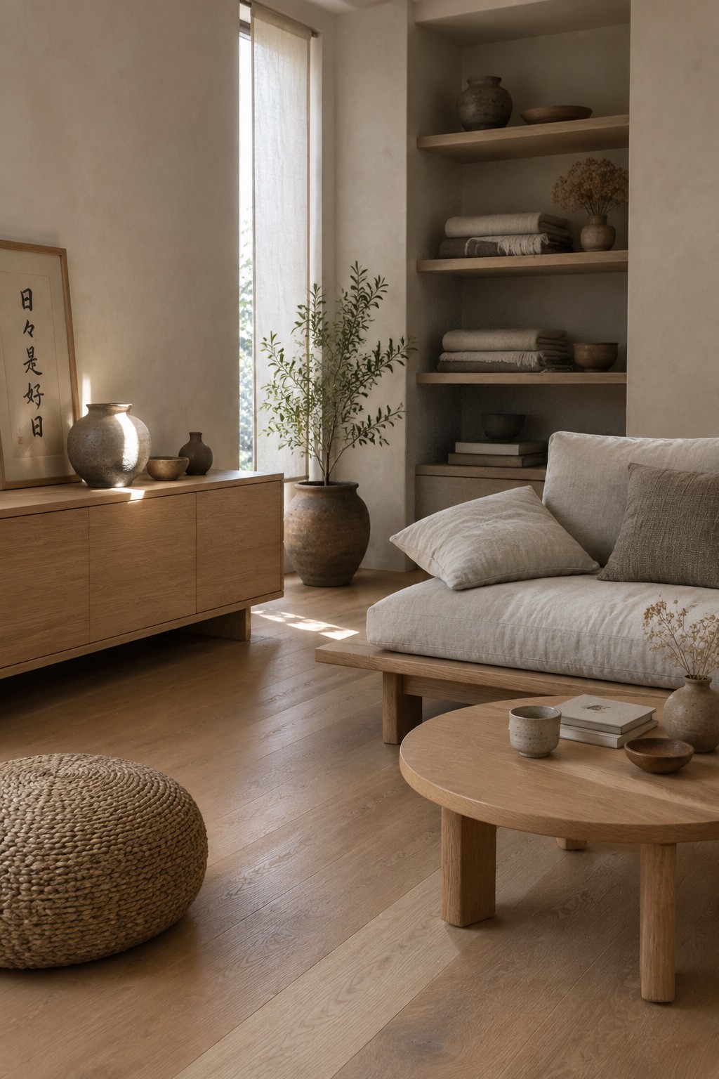 A Japandi living room with light wood floors, low sofa with beige linen cushions, round wooden coffee table, woven pouf, built-in shelves holding folded textiles and pottery, and a tall wooden cabinet with ceramic vases.