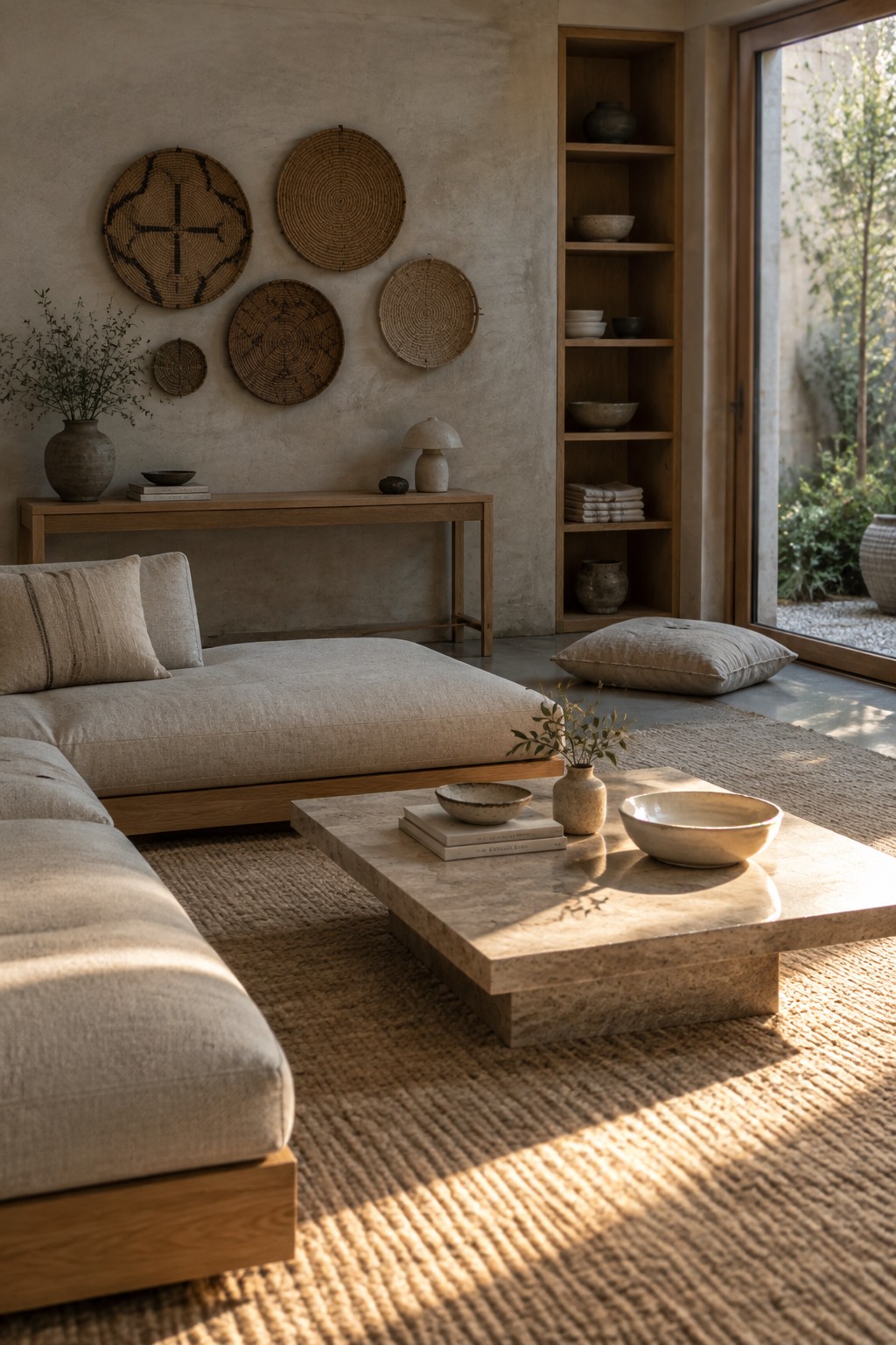 A modern living room with a low light-wood sofa, woven baskets mounted on a textured wall, a stone coffee table, and a built-in wooden shelf with ceramics.