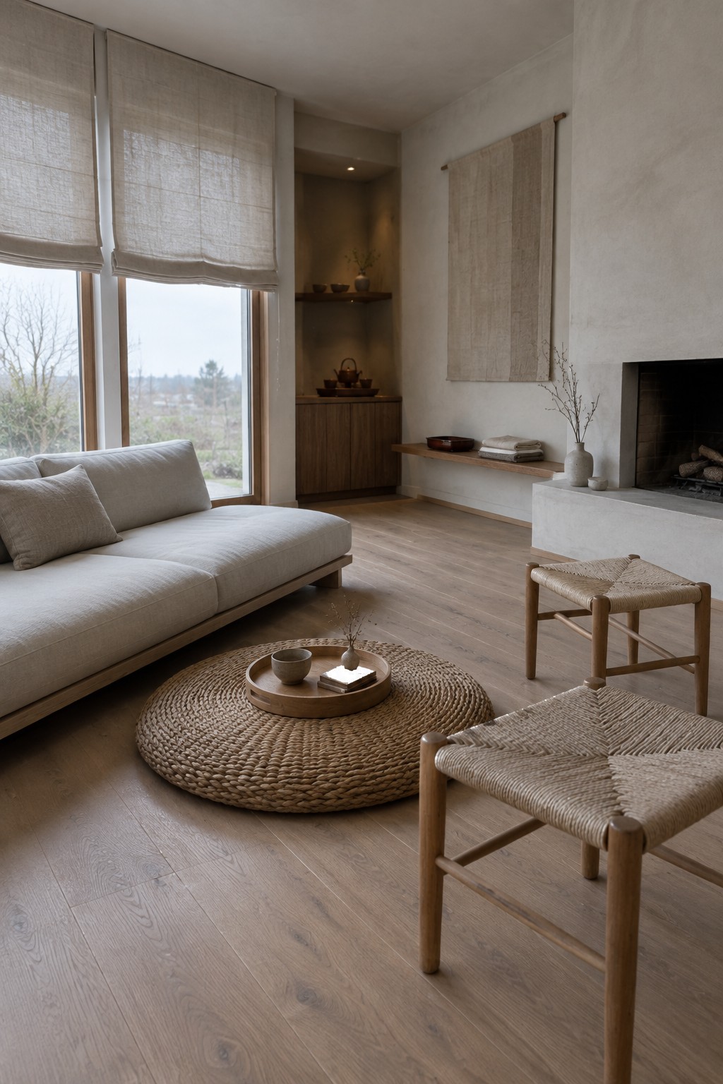 A minimalist living room with light wood flooring, a low light gray sofa, a round woven jute rug, two wooden stools with woven seats, and a concrete fireplace with a wall hanging above it.