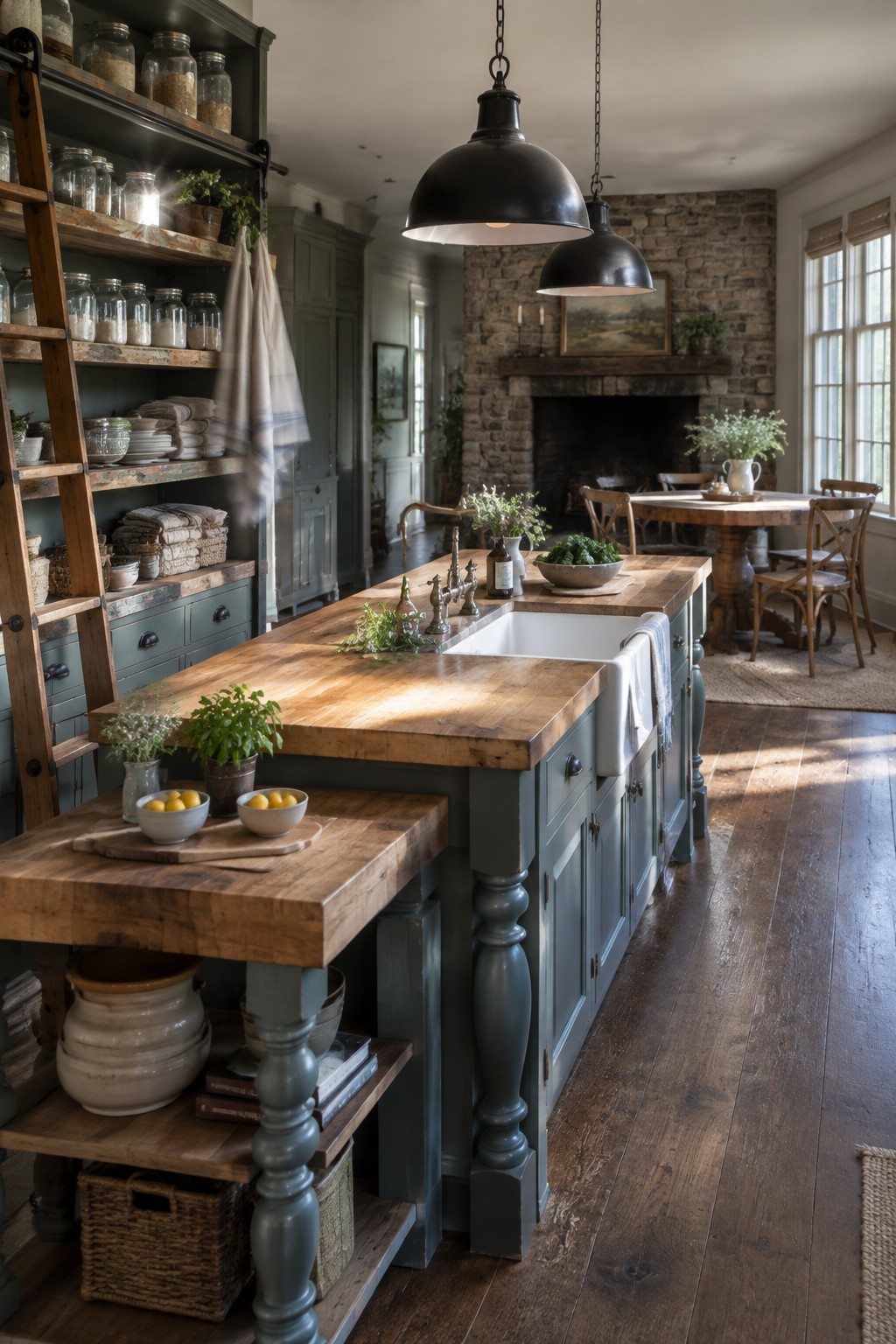 Rustic kitchen with teal island, white farmhouse sink, wooden shelves, and fireplace