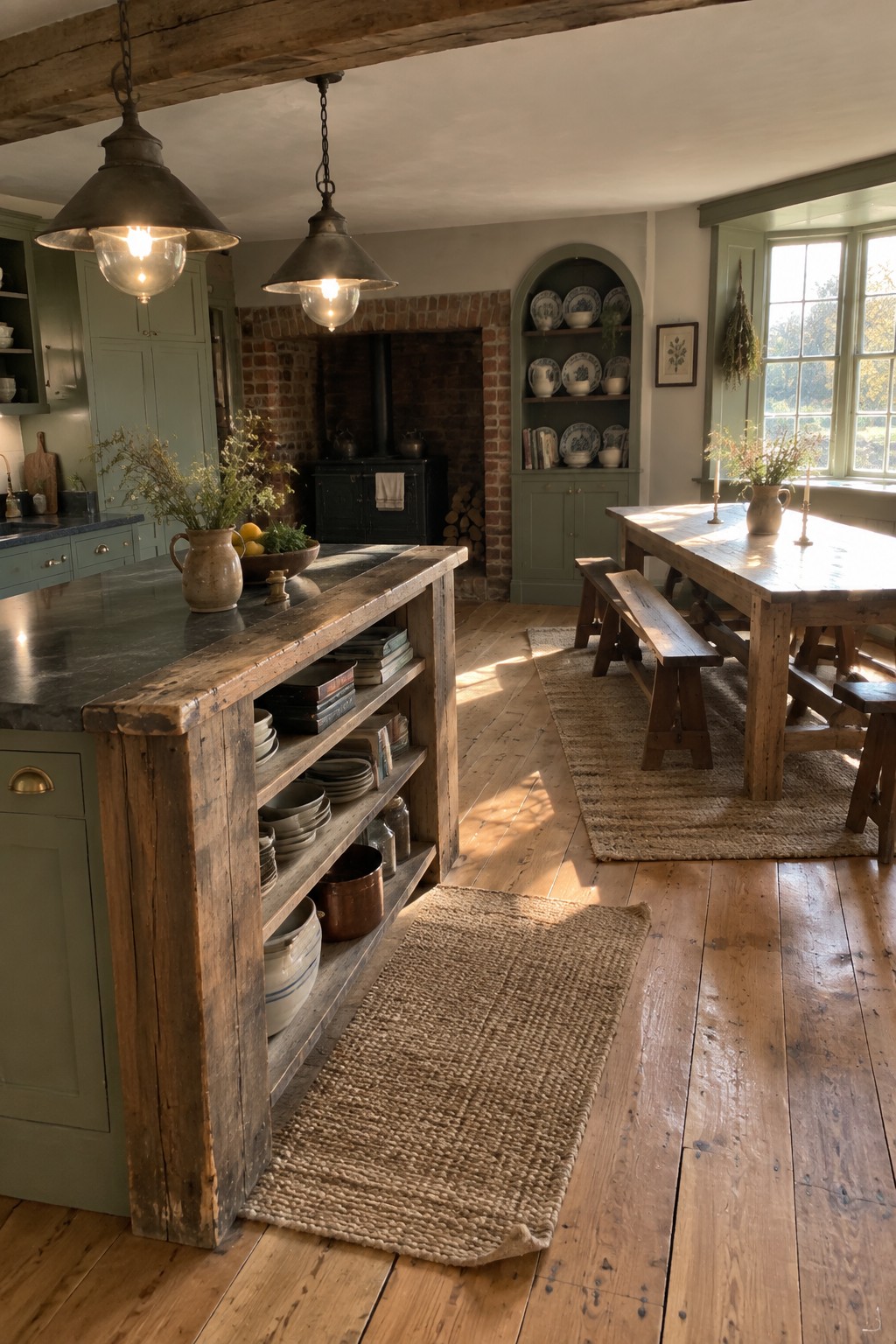 A rustic kitchen with a large wooden island that has open shelving underneath a dark stone countertop, positioned next to a wooden dining table with benches.