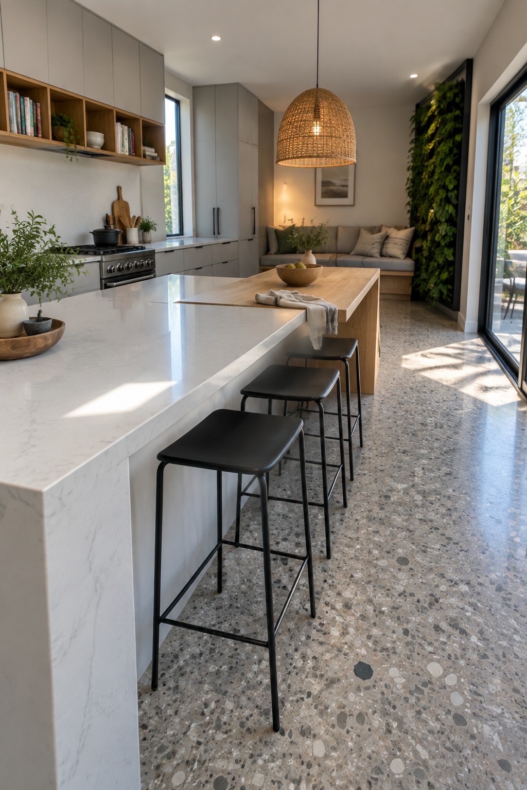 Modern kitchen with marble island, black stools, terrazzo floor, and woven pendant light.
