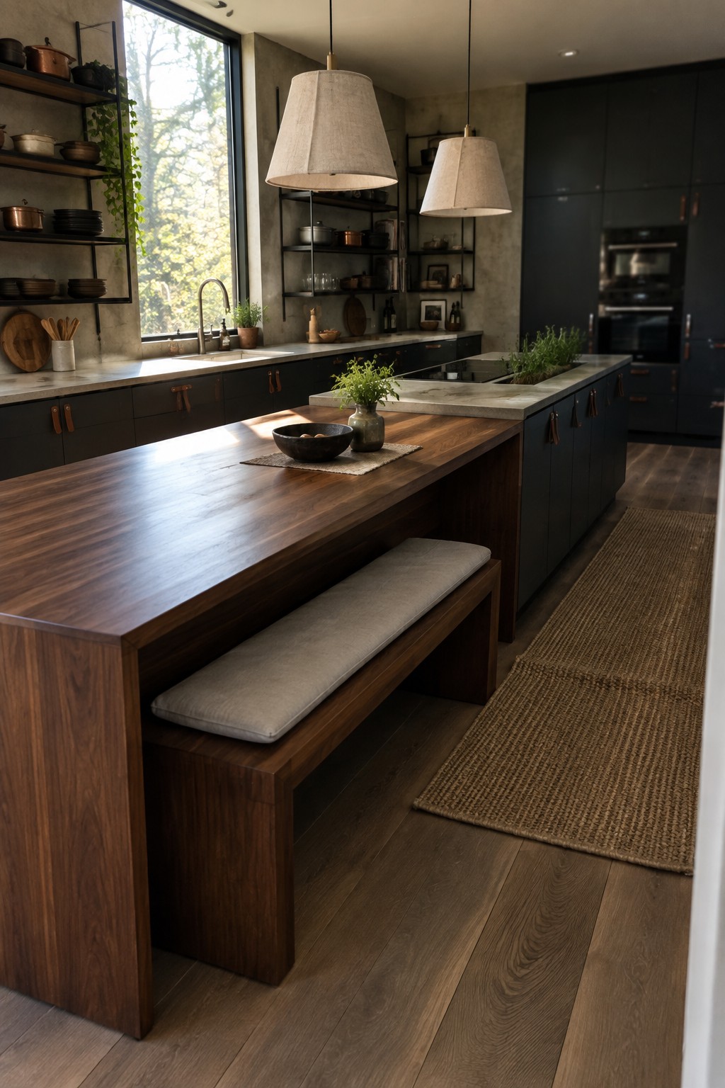 A spacious kitchen with a long wooden island featuring a cushioned bench along one side, dark lower cabinets, open shelving, and large windows with natural light.