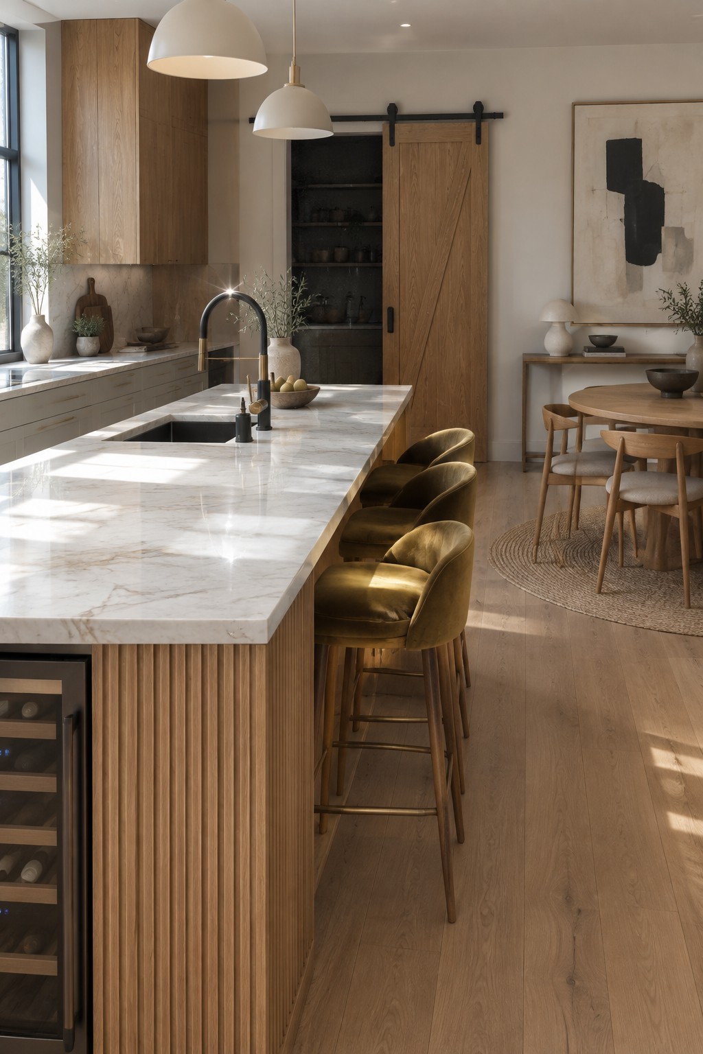 A bright kitchen with a long white marble island and four olive green velvet bar stools, open to a round wooden dining table with chairs in the background.