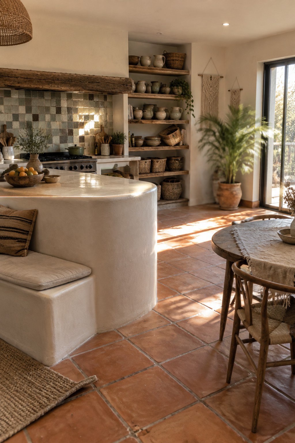 A kitchen interior featuring a large curved plaster island with built-in bench seating, terracotta tile flooring, and open wooden shelves along the back wall.