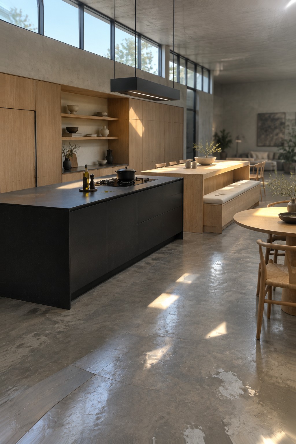 Modern kitchen with black island, light wood cabinetry, and sunlit dining area.