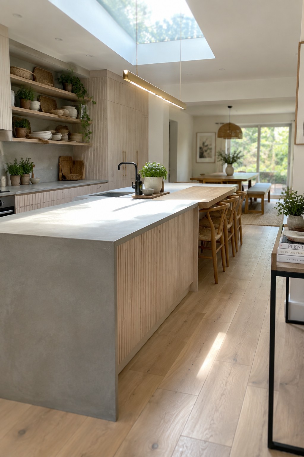 Modern kitchen with concrete island, light wood cabinets, open shelves, and skylight.