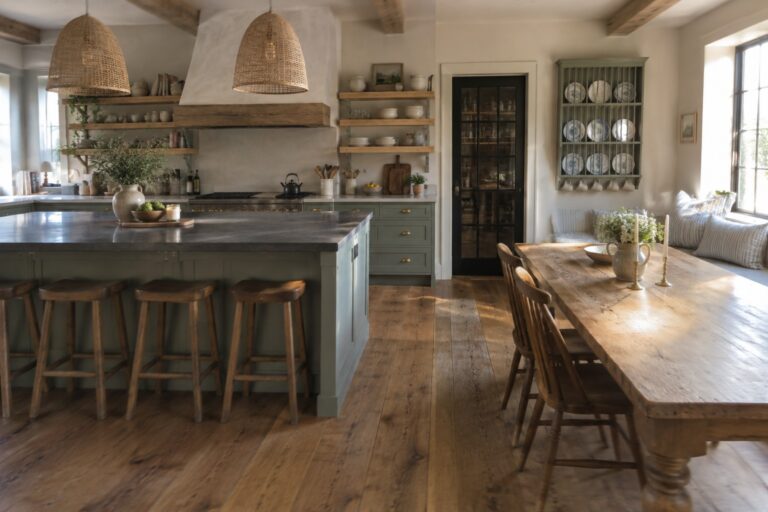 21 Open Concept Kitchen Ideas That Improve Cooking and Dining Flow An open kitchen with a sage green island, four woven-seat bar stools, brass faucet, and a wooden dining table in the foreground.