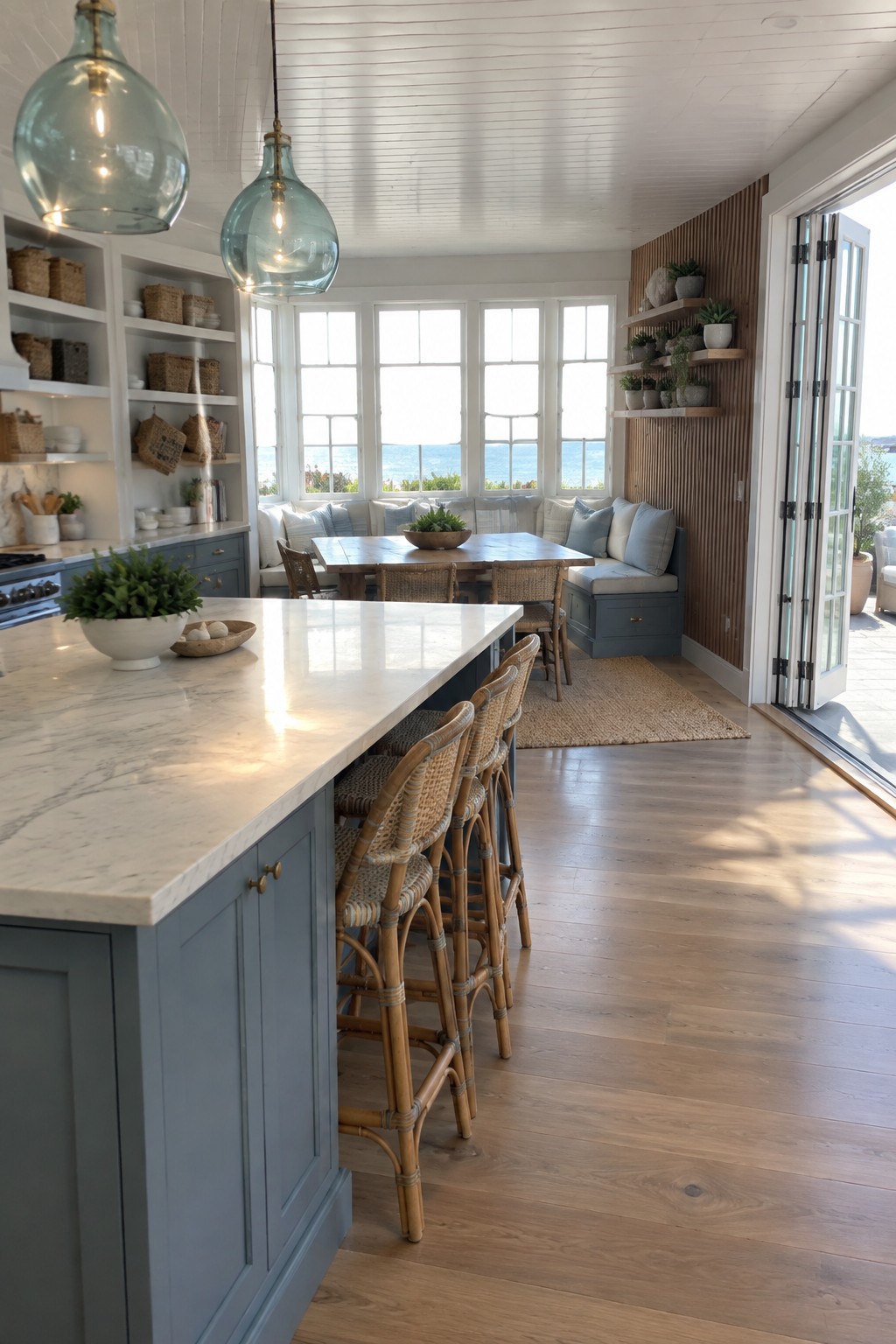 A bright open kitchen with a blue island topped in white marble, four woven bar stools, a wooden dining table, and a built-in bench under large windows.