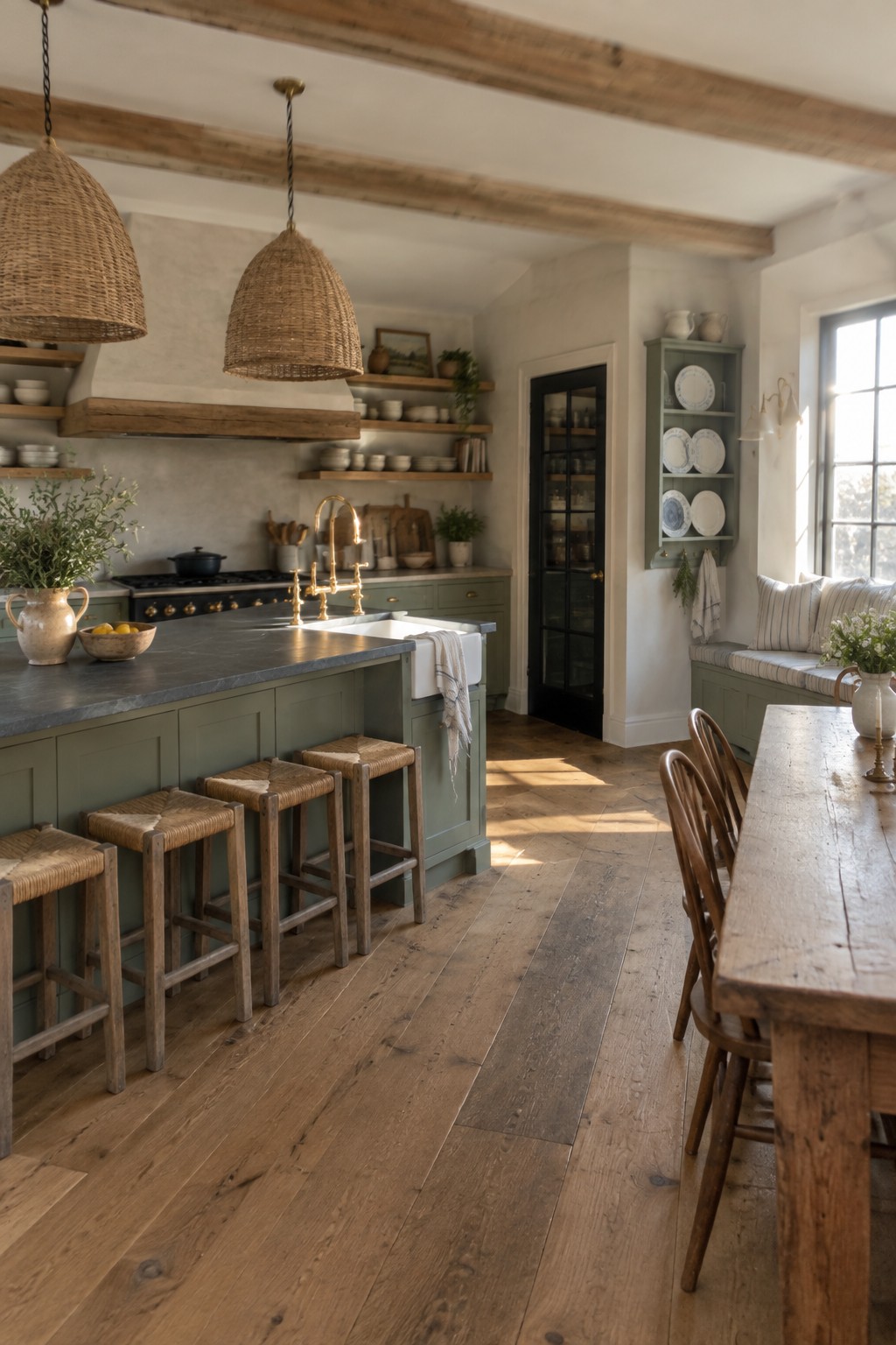 An open kitchen with a sage green island, four woven-seat bar stools, brass faucet, and a wooden dining table in the foreground.