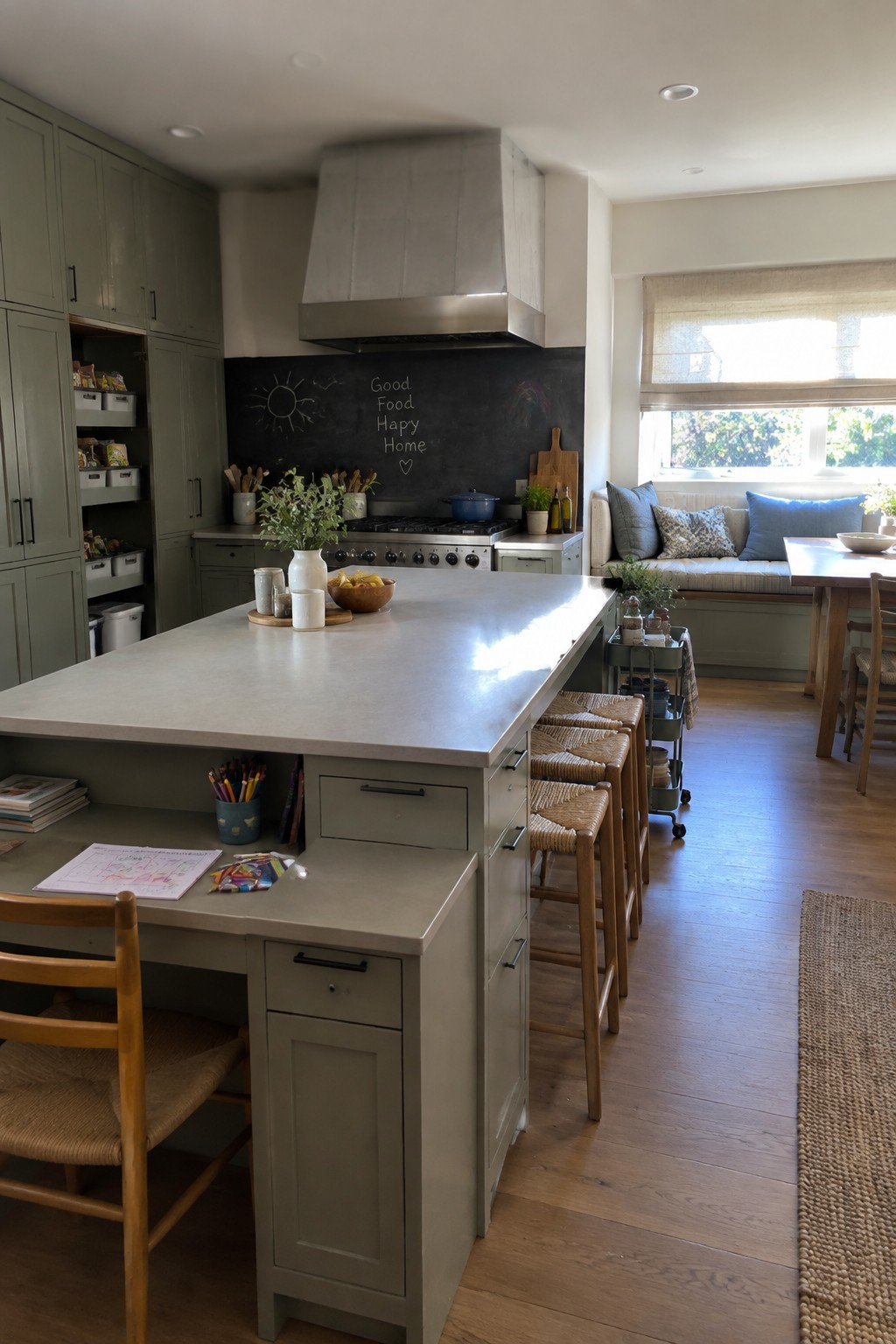 Sage green kitchen with concrete island, bar stools, chalkboard wall, and window bench.