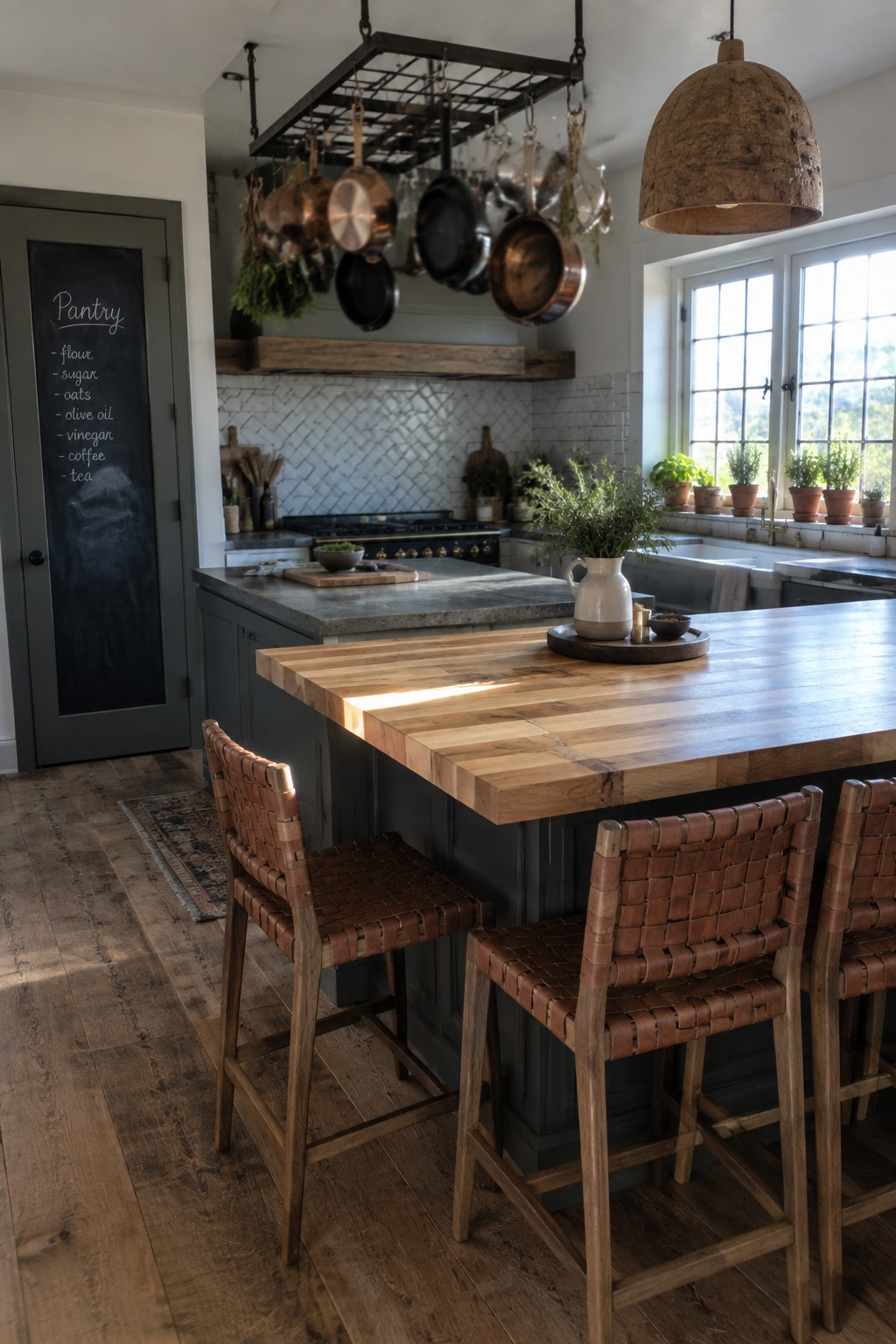 A kitchen interior showing a large wooden island with three leather-woven bar stools, dark cabinetry, a chalkboard pantry door, and hanging pots and pans overhead.