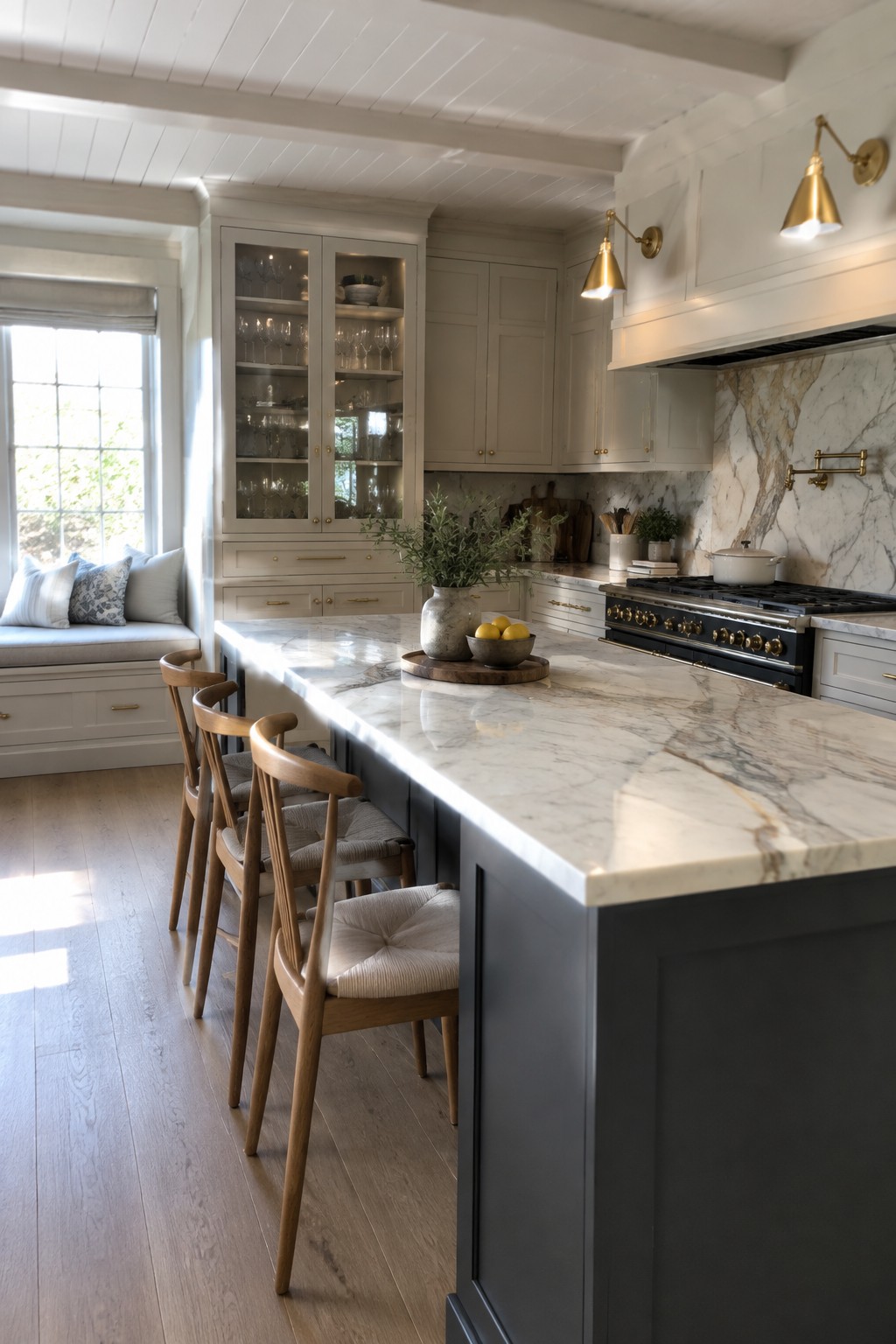 A bright kitchen interior with a large marble-topped island on a dark base, three wooden bar chairs with light cushions along one side, white cabinetry, a black range stove, and a marble backsplash.