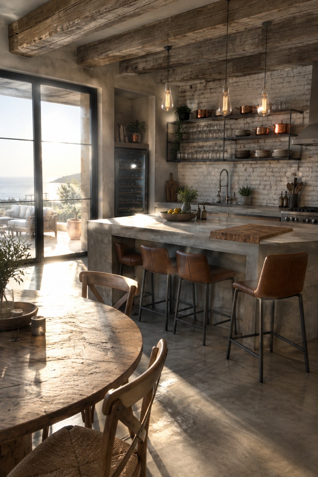 A spacious open concept kitchen featuring a long concrete island with four brown leather bar stools, a round wooden dining table in the foreground, white brick walls, open shelving, and large glass doors leading to an outdoor view.
