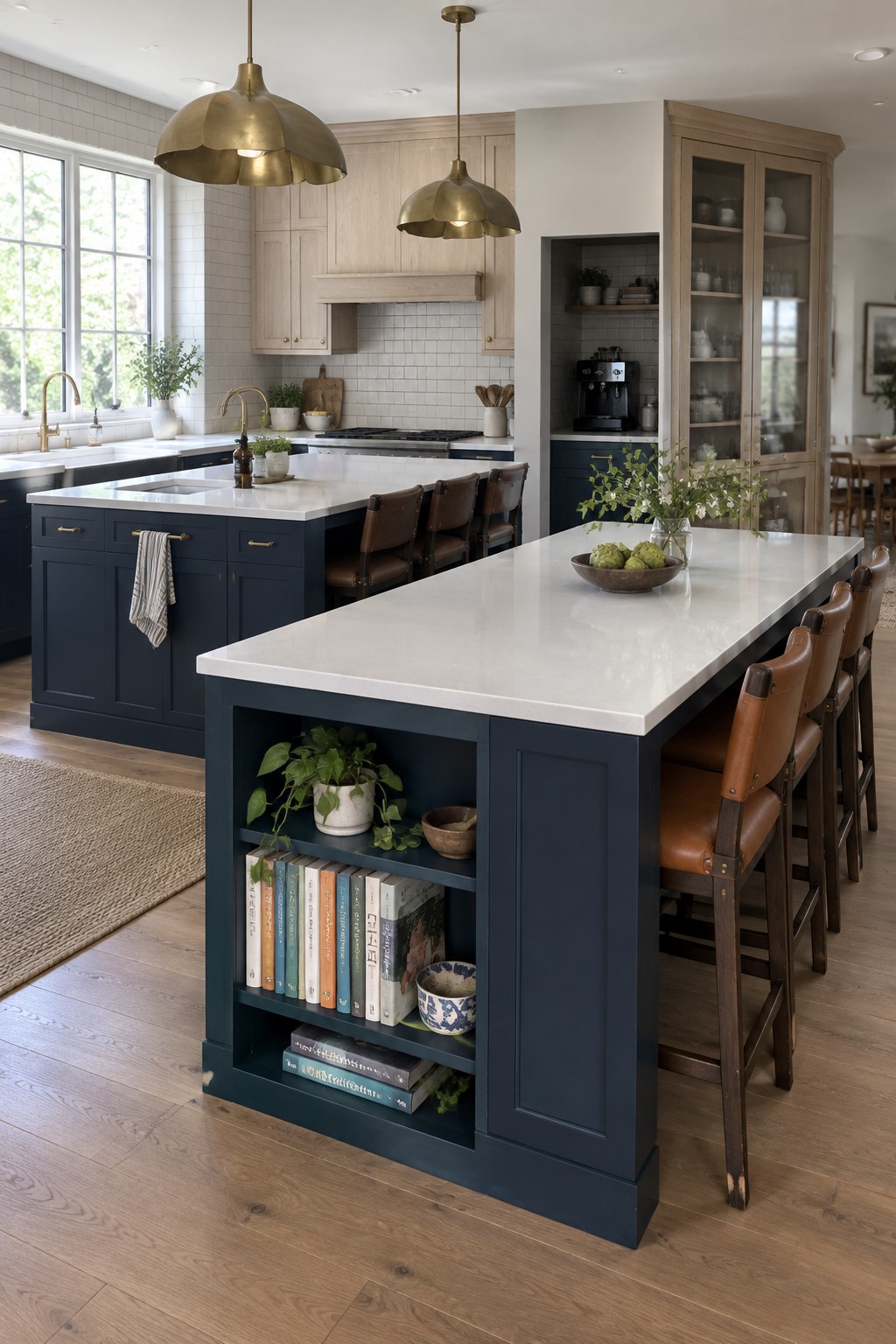 A large kitchen with a central navy blue island featuring a white countertop, brown leather bar stools along one side, and open lower shelving holding books and plants.