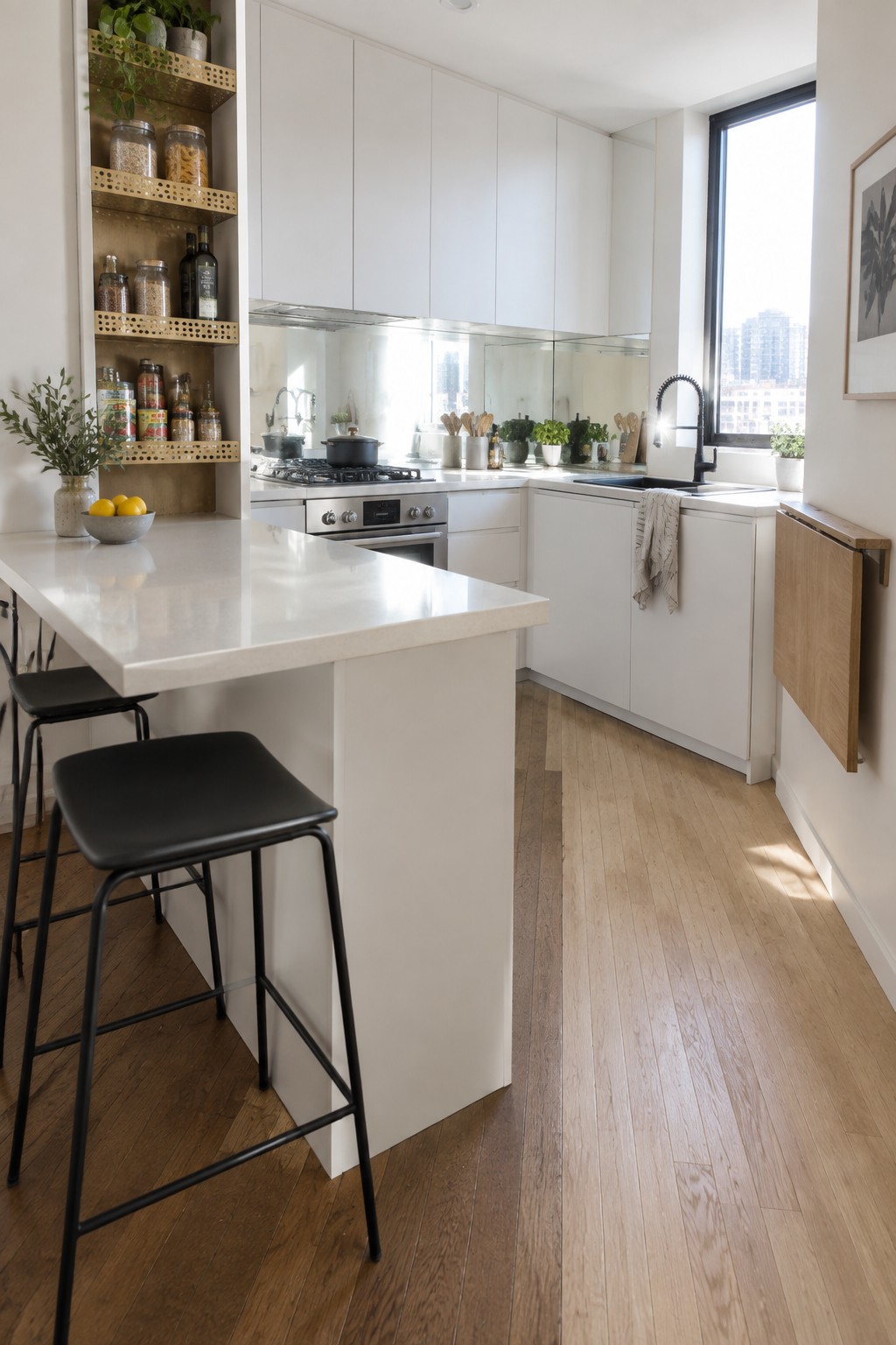 A modern open kitchen with a white island, two black bar stools, white cabinets, and a stainless steel range under a window.