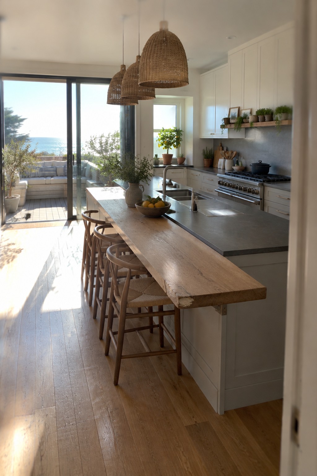 A bright open kitchen featuring a long wooden island with woven bar stools, white cabinetry, dark countertops, and large glass doors leading to an outdoor deck.