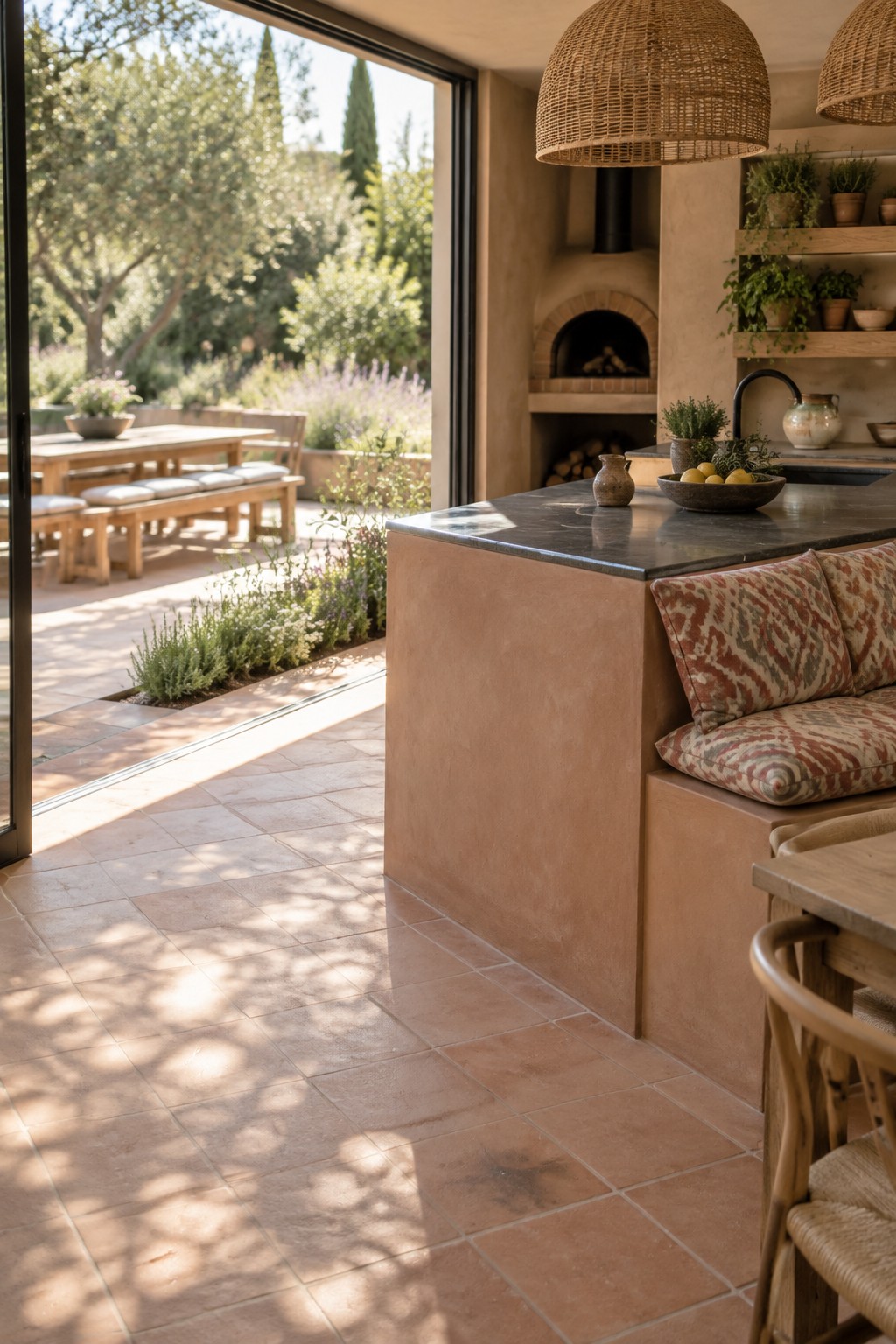 An open-concept kitchen with terracotta tile flooring, a large sliding glass door open to an outdoor patio dining area, and a built-in cushioned bench along the kitchen island.