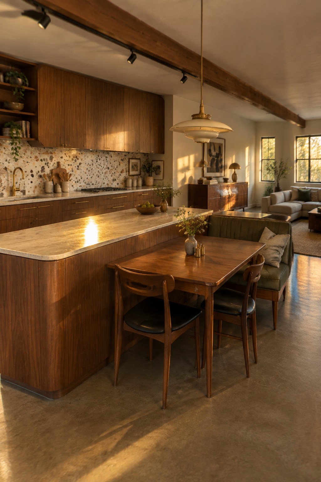 An open concept kitchen with a marble-topped wooden island, a rectangular wooden dining table placed directly beside it, and a living area visible beyond.
