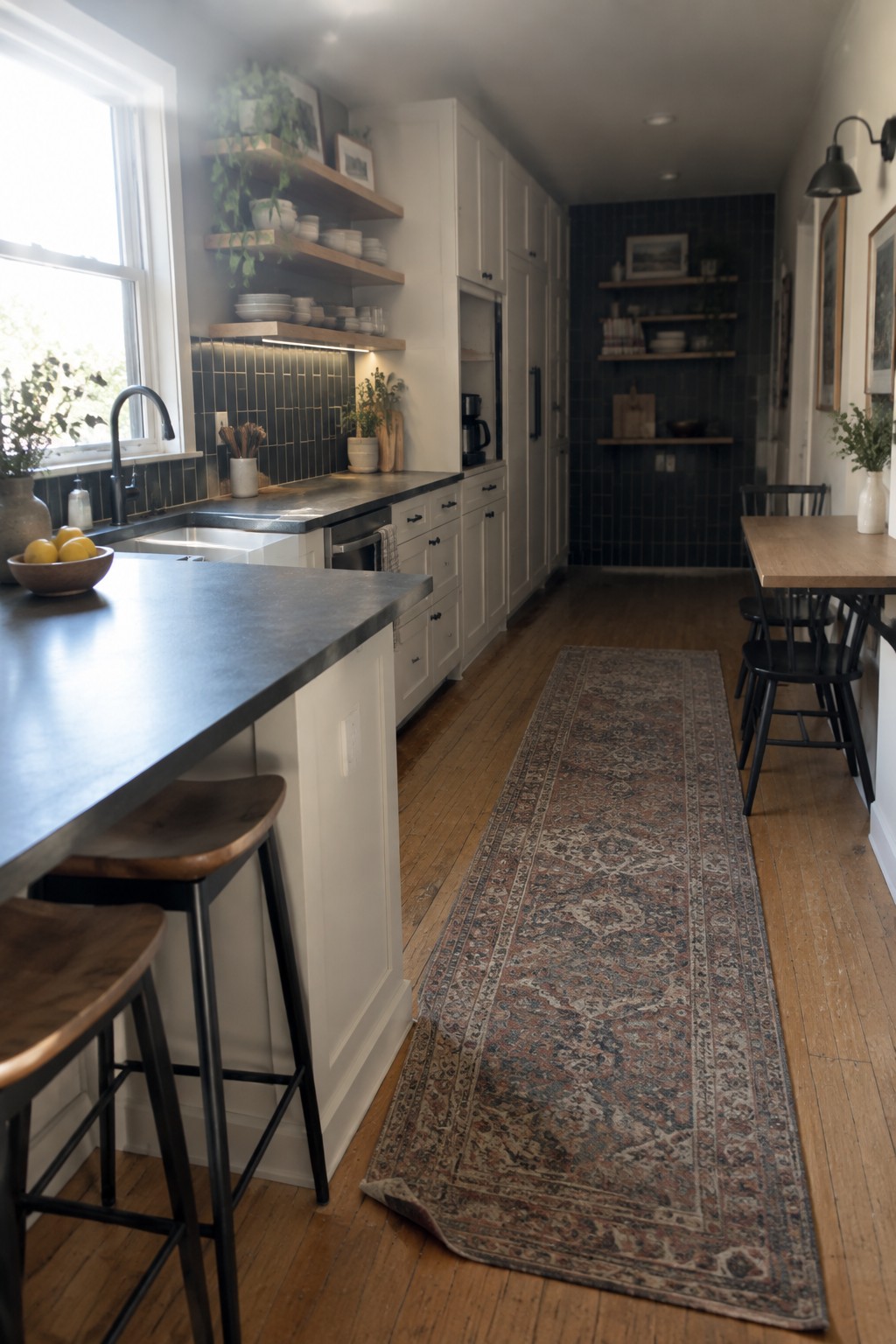 A narrow open-concept kitchen with white cabinets, dark countertops, an island with two stools, and a long patterned runner rug on wood flooring leading to a dining table.
