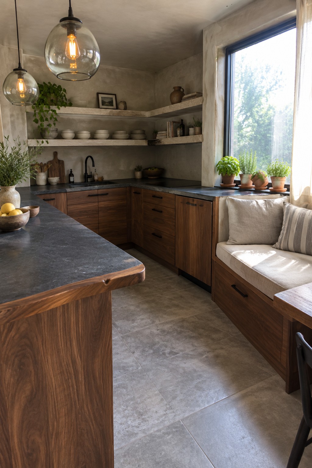 A kitchen interior with dark wood cabinets, stone countertops, floating shelves, pendant lights, and a built-in wooden window bench with cushions.