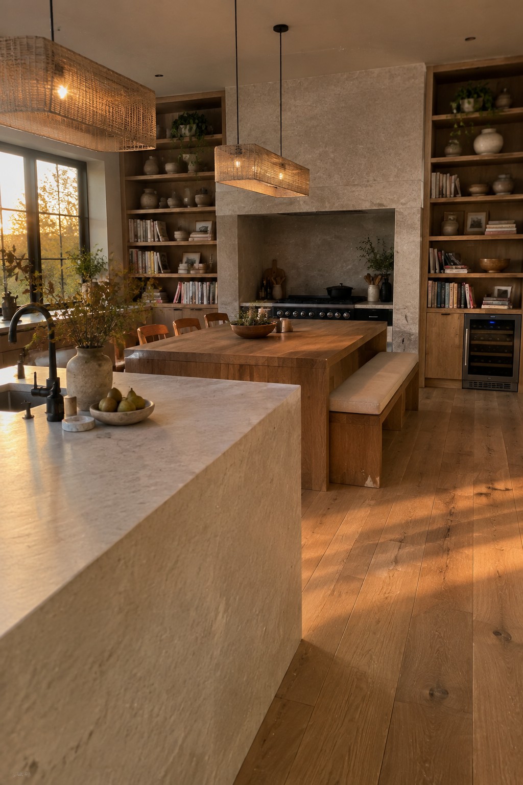 A modern kitchen featuring a large wooden island with a cushioned bench on one side, stone countertops in the foreground, open wooden shelving, and a stone range hood.