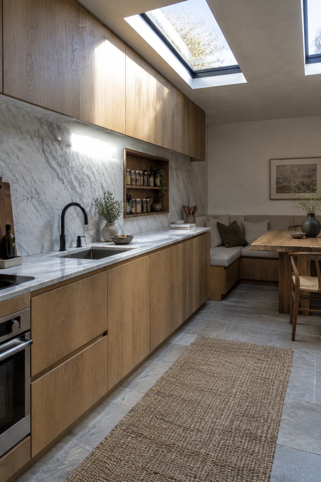 Modern kitchen with oak cabinets, marble counters, skylights, bench seating, and woven rug