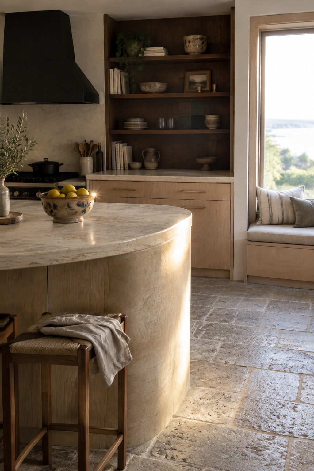 Curved marble kitchen island with lemon bowl, wooden stool, open shelves, and stone floor.