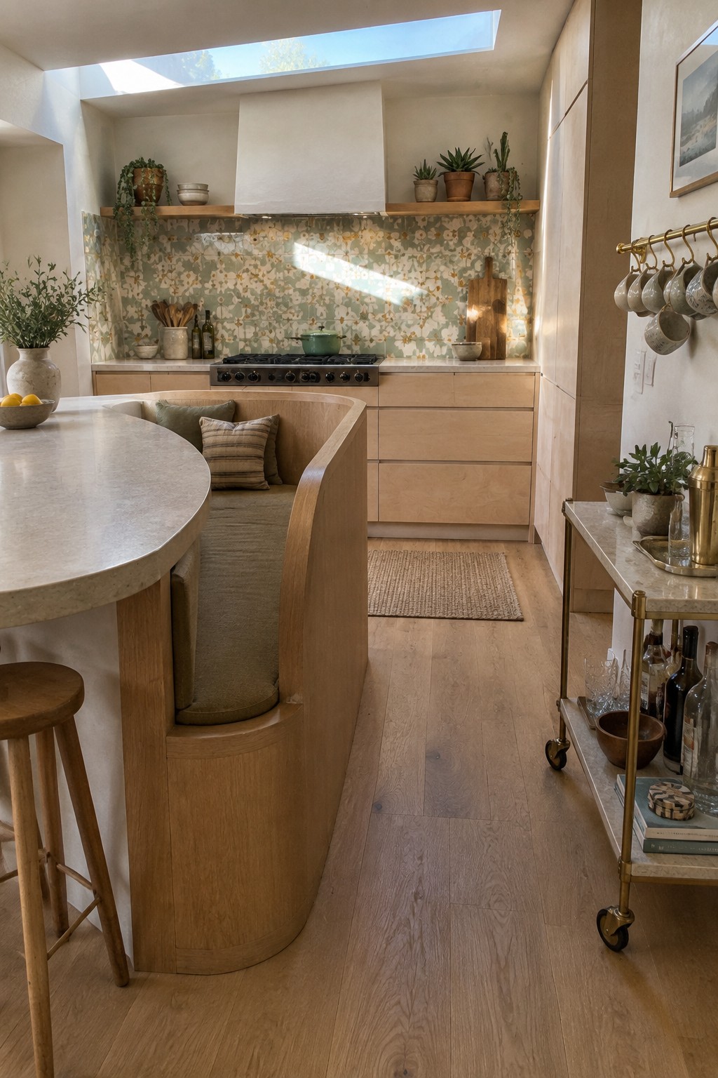 Modern kitchen with curved wooden island, floral tile backsplash, and bar cart