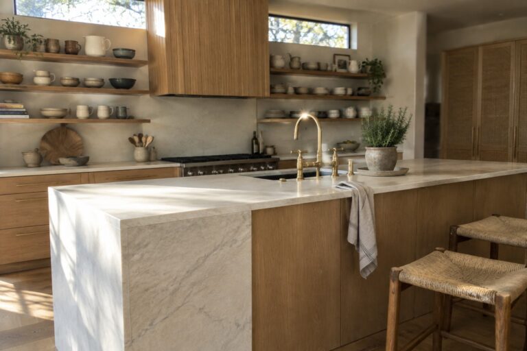 21 Organic Modern Kitchen Ideas Featuring Natural Stone and Wood A kitchen with a large marble island, brass faucet, wood cabinetry, woven stool, and open shelving against a marble backsplash.