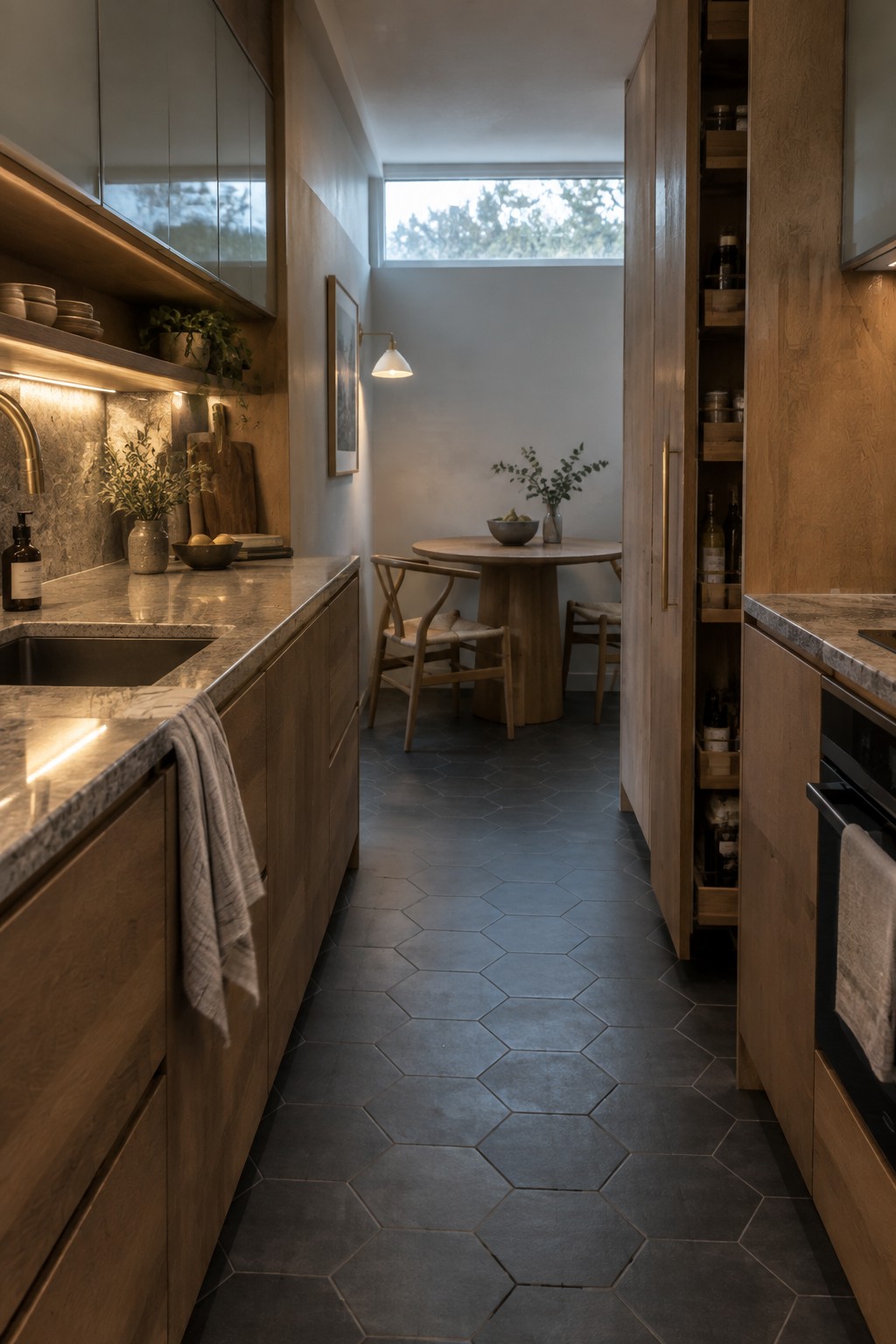 A narrow modern kitchen with wood cabinetry, stone countertops, open shelving, and a tall pantry cabinet leading to a round wooden dining table on dark hexagonal tile flooring.
