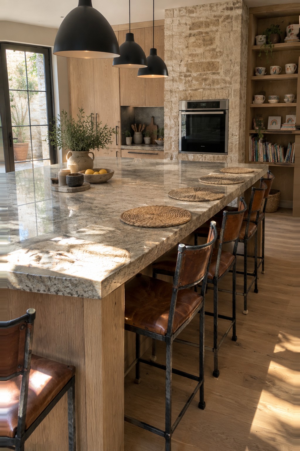 A long kitchen island with a gray stone top and light wood base, surrounded by brown leather bar stools, black pendant lights, and a stone wall with a built-in oven.