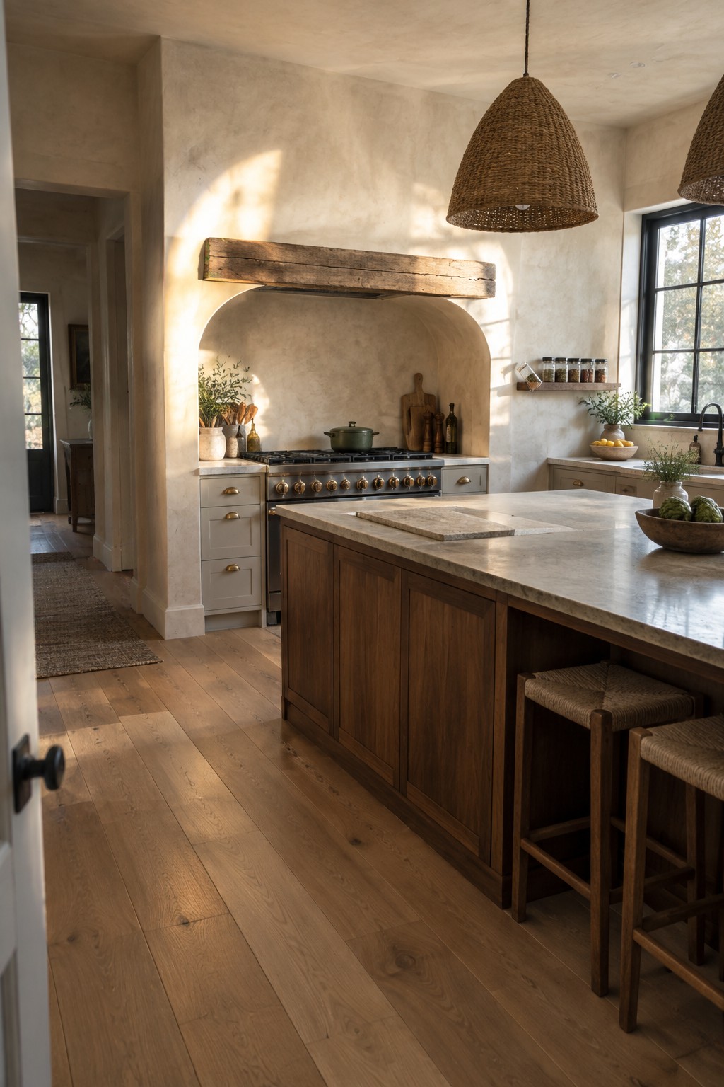 Rustic kitchen with wooden island, marble countertop, woven stools, and pendant lights