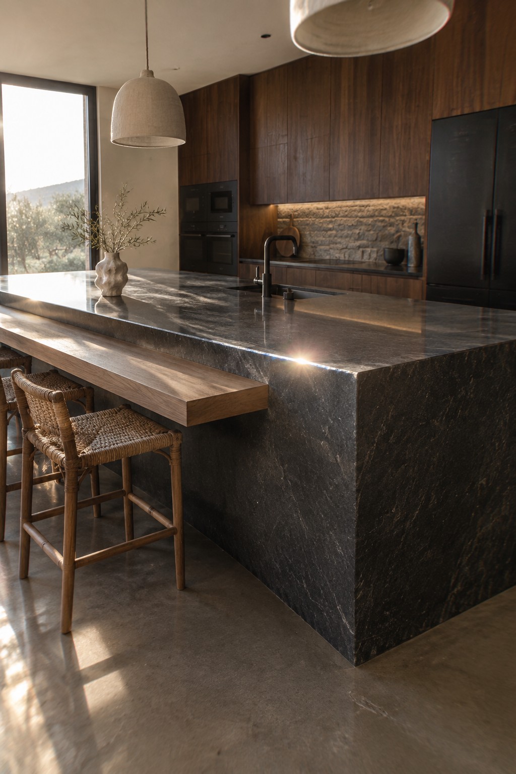 A modern kitchen featuring a large dark stone island with a wooden extension and woven bar stools along one side.
