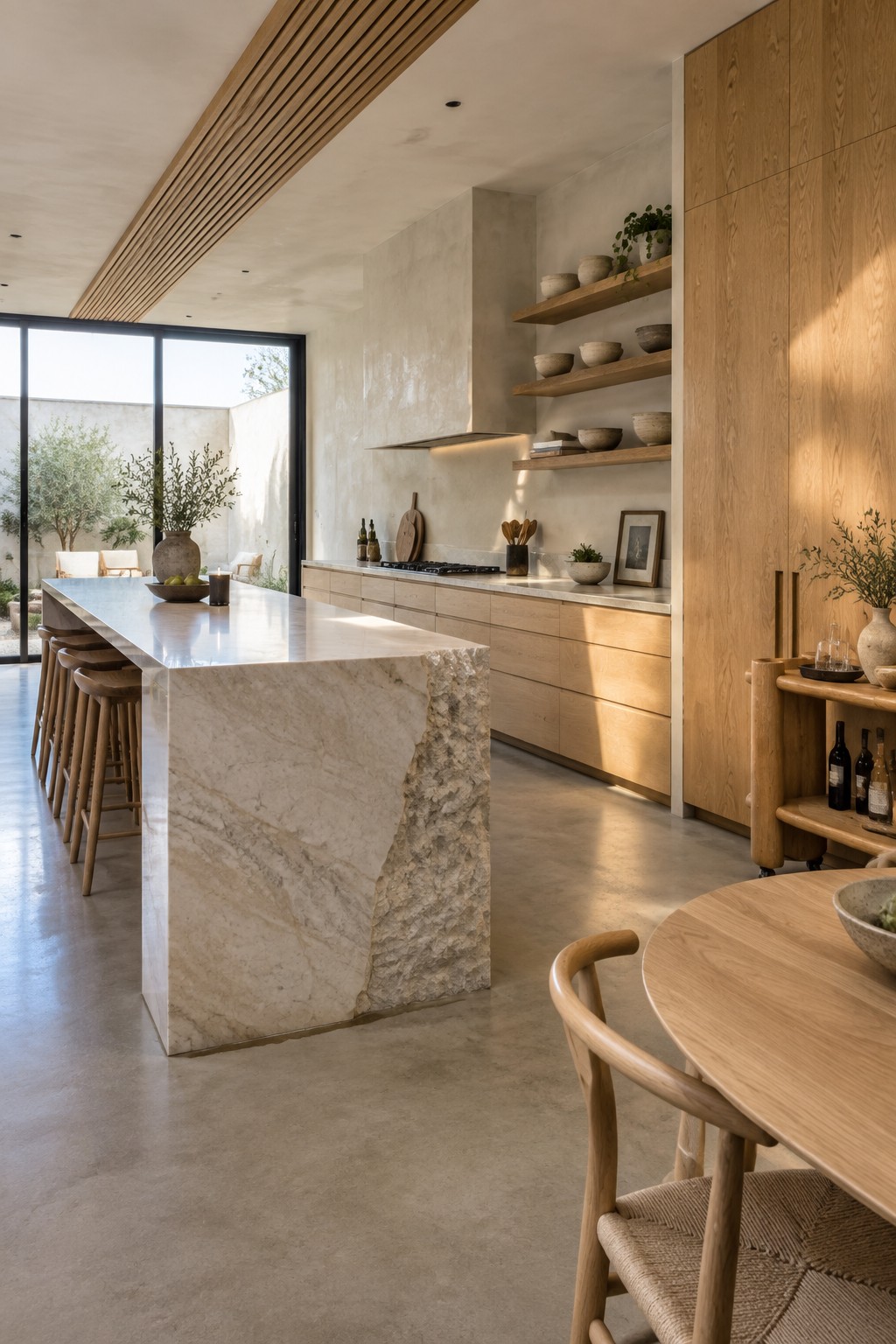 A spacious kitchen with a large marble island featuring a polished top and one rough unfinished stone side, light wood cabinetry, open shelving, and wooden bar stools.