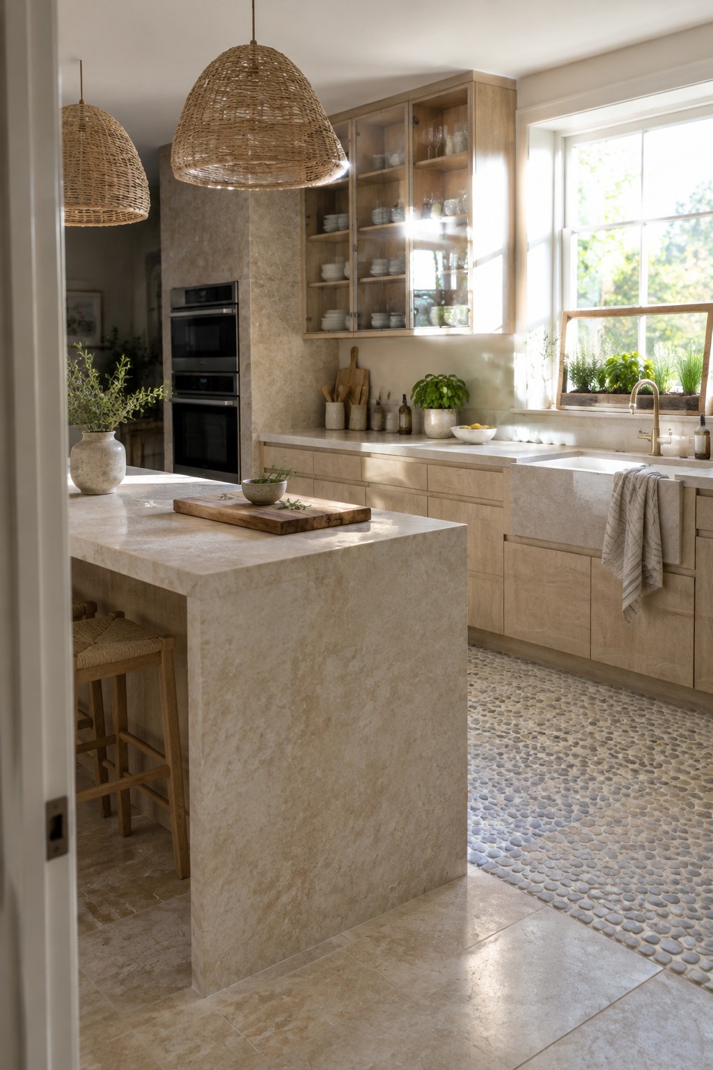 Bright kitchen with marble island, light wood cabinets, woven pendants, and pebble floor.