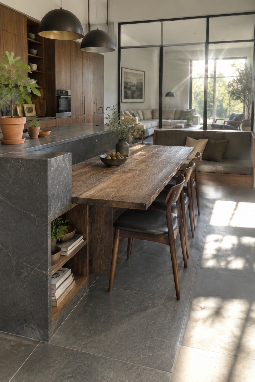 A kitchen interior showing a dark stone island with open wooden shelves holding books and plants, a long wooden dining table with chairs, and a living room visible through a glass wall.