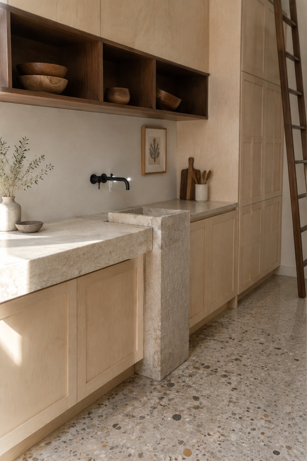 A modern kitchen featuring light wood cabinets, a continuous stone countertop with an integrated stone sink, open upper shelves holding wooden bowls, and a terrazzo floor.