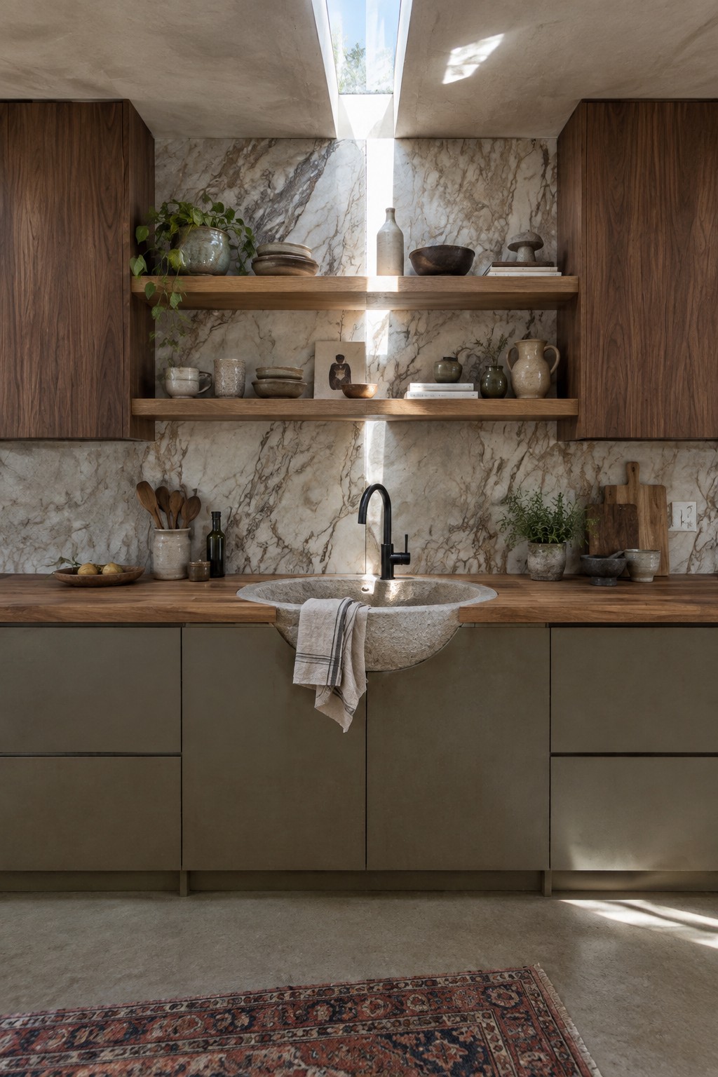 A kitchen interior showing a rough stone sink set into wooden countertops, with dark wood cabinets, open wooden shelves, and a marble backsplash.