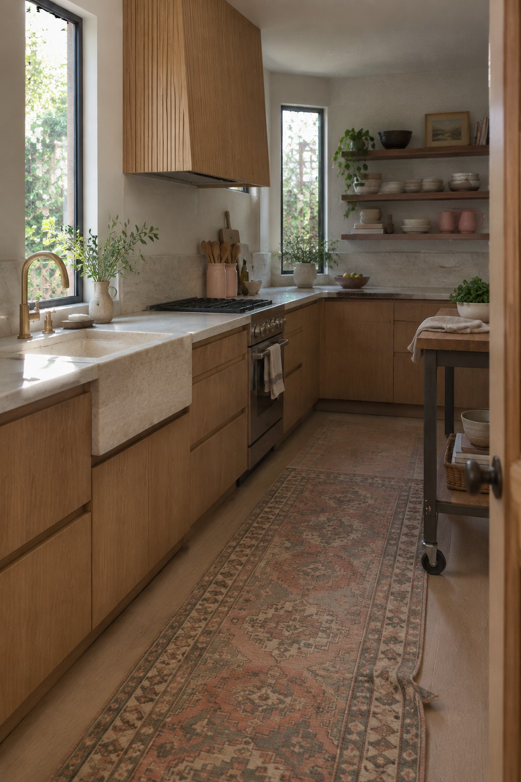 A long kitchen with light wood cabinets, a marble sink and counters, a gas range, and a patterned runner rug on the floor.
