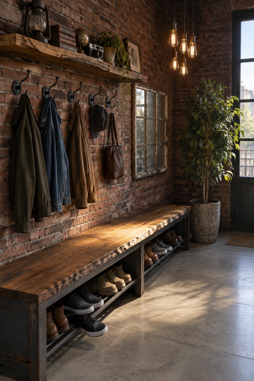 A long wooden bench with under-shelf shoe storage sits against a brick wall lined with black hooks holding coats, a cap, and a bag, with a potted tree nearby.