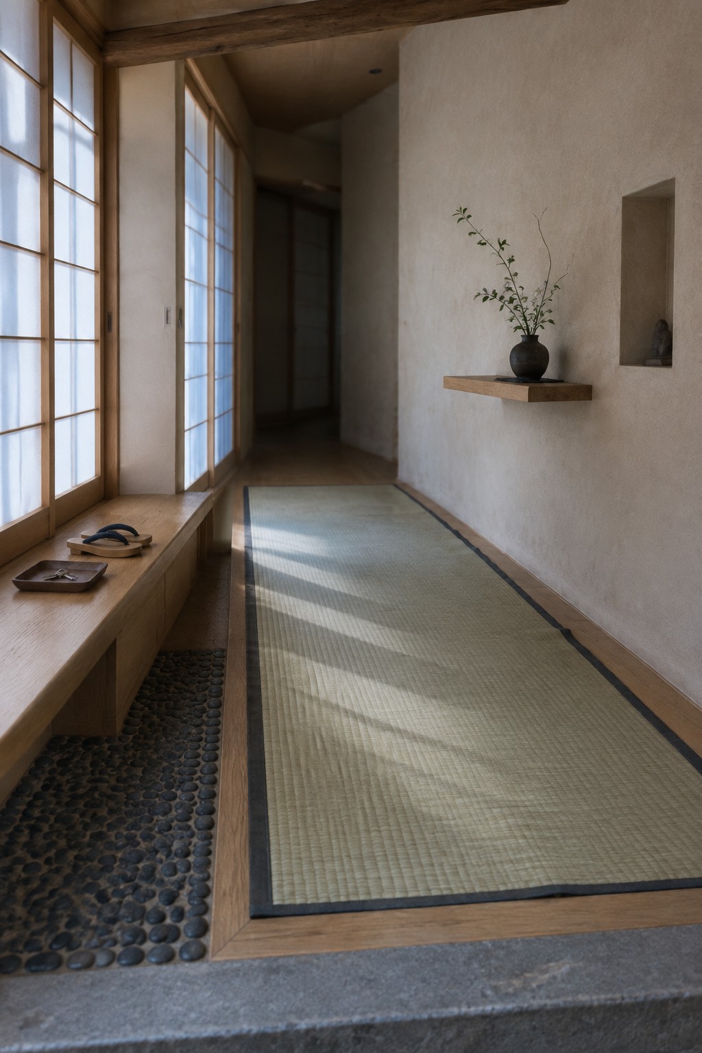 A narrow Japanese-style entryway with a long built-in wooden bench under shoji windows, a tatami runner on the floor, and a wall shelf holding a vase.