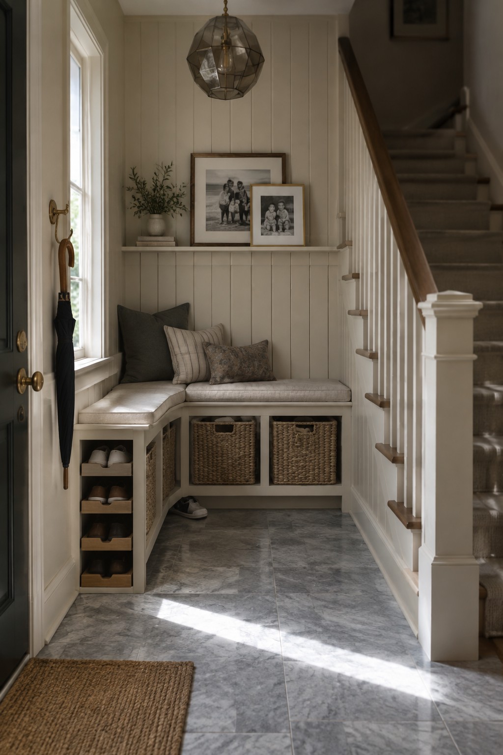A narrow interior entryway with a built-in L-shaped bench featuring cushions and pillows, open woven baskets, and wooden pull-out drawers holding shoes, positioned beneath a window and beside a staircase.