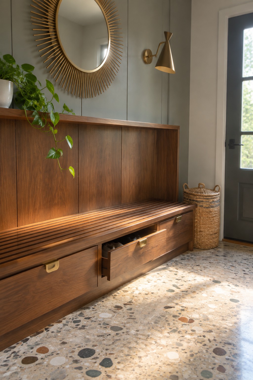 Dark wood bench with open drawer on terrazzo floor below sunburst mirror