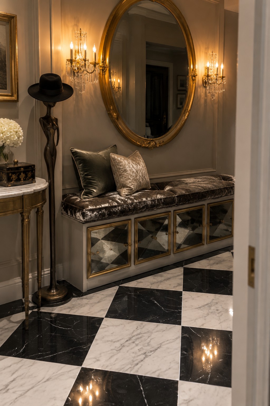 Built-in entryway bench with upholstered seat and mirrored cabinet storage below on a black and white marble floor.