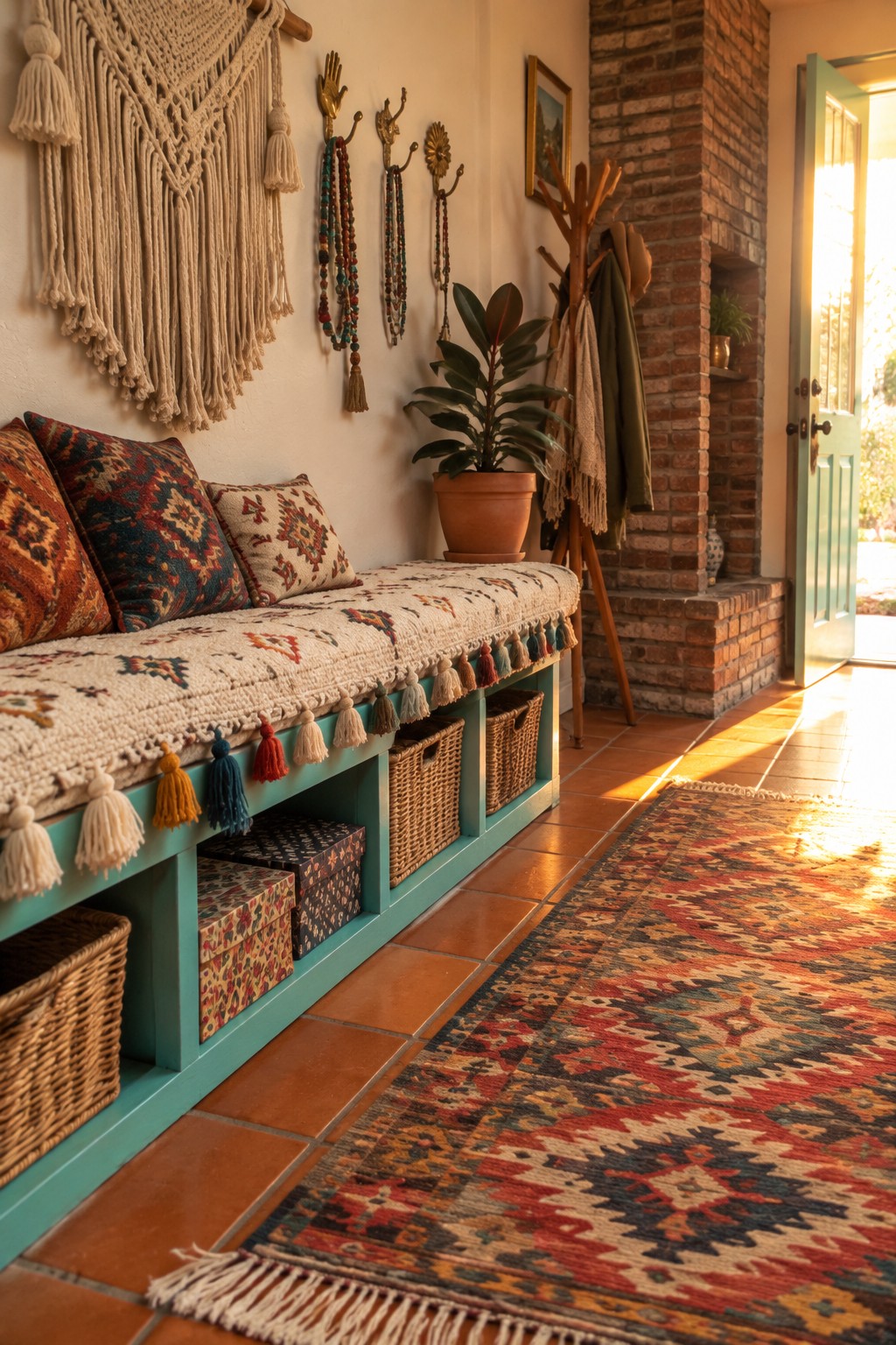An interior entryway view showing a turquoise built-in bench with storage cubbies containing woven baskets and patterned boxes, a woven runner with tassels on top, decorative pillows, wall macrame, beaded hangers, a potted plant, wooden coat rack, and a brick fireplace beside an open door.