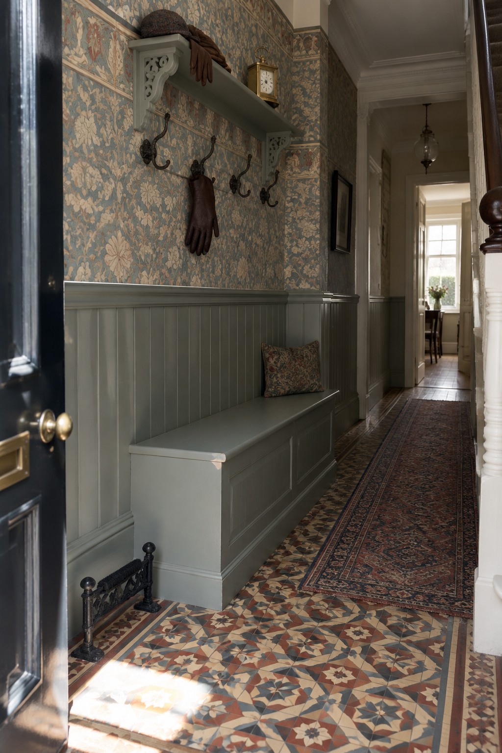 A gray built-in bench with storage sits below wainscoting and hooks in a patterned tile entryway hallway.